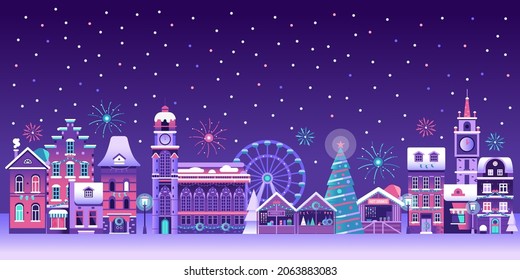 Winter Christmas city panorama. Snowy street flat horizontal banner with colorful european houses, cathedrals, Xmas market and New Year decorations. Snow europe town seamless skyline cityscape.