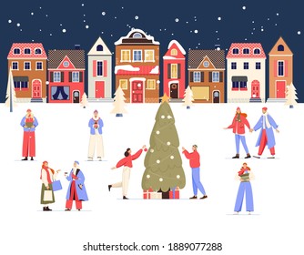 Winter and christmas cityscape with people decorating tree and holding presents. Vector illustration of winter city