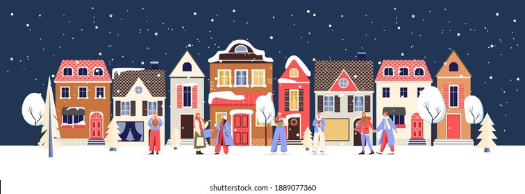 Winter and christmas cityscape with walking people. Vector illustration of winter city