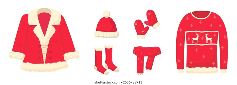 Winter Christmas clothes vector illustration set. Red-white knitted sweater, Santa coat, scarf, hats, socks, mittens. Xmas themed garments. Warm footwear and headwear for cold weather protection.