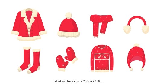 Winter Christmas clothes vector illustration set. Red-white knitted sweater, Santa coat, scarf, hats, socks, mittens. Xmas themed garments. Warm footwear and headwear for cold weather protection.