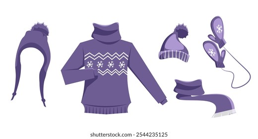 Winter Christmas clothes vector illustration set. Blue-white knitted sweater, scarf, hats, mittens. Xmas themed garments. Warm footwear and headwear for cold weather protection.