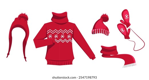 Winter Christmas clothes vector illustration set. Red-white knitted sweater, scarf, hats, mittens. Xmas themed garments. Warm footwear and headwear for cold weather protection.