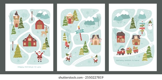 Winter Christmas collection of map village north pole vector illustration poster