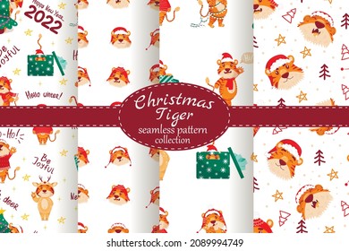 Winter christmas collection of seamless patterns with cute chinese tigers on white background. pattern for packaging decoration, printing, scrapbooking