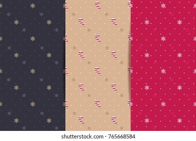 Winter christmas collection of seamless patterns with candy cane and snowflakes. Vector illustration