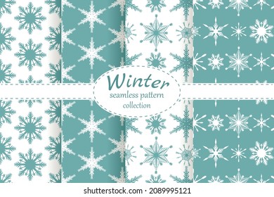 Winter Christmas collection of seamless snowflake patterns on white and turquoise background. two-color simple pattern for packaging decoration, printing, scrapbooking