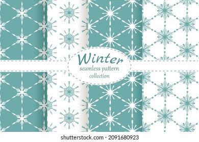 Winter Christmas collection of  snowflake patterns on white and turquoise background. two-color simple pattern for packaging decoration, printing, scrapbooking