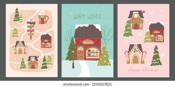 Winter Christmas collection of village store vector illustration poster