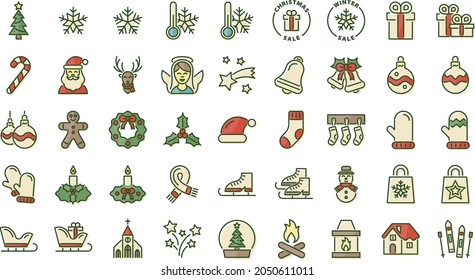 Winter Christmas coloured outline icon set on transparent background. Santa Claus, Christmas decorations, sale, tree, snowflakes, Christmas theme, church, presents, angel, gloves, socks