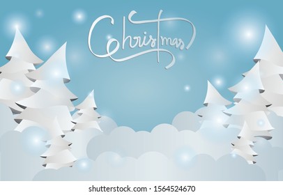 Winter christmas composition background in paper cut style.Merry Christmas text Calligraphic Lettering Vector in Blue tone color.