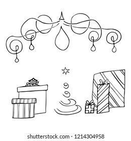 Winter, Christmas composition. Chandelier with Christmas tree and gifts. Festive concept. Flat lay. Front view.
