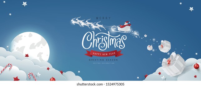 Winter christmas composition in paper cut style.Merry Christmas text Calligraphic Lettering and Santa Claus on the sky Vector illustration. 