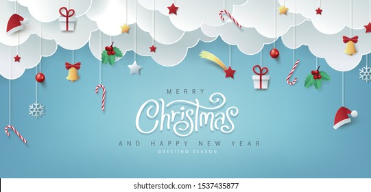 Winter christmas composition in paper cut style.Merry Christmas text Calligraphic Lettering Vector illustration. 