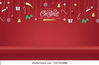 Winter christmas composition in paper cut style and red shelf on the wall for display. Merry Christmas text Calligraphic Lettering Vector illustration. 