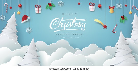 Winter christmas composition in paper cut style.Merry Christmas text Calligraphic Lettering Vector illustration. 