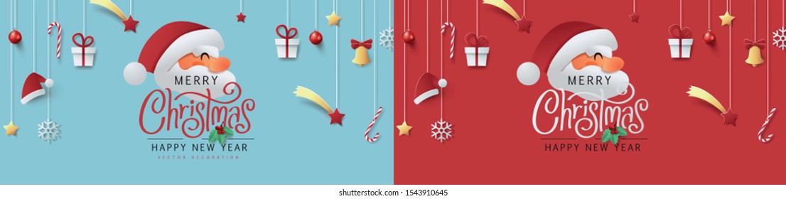 Winter christmas composition in paper cut style.Merry Christmas text Calligraphic Lettering Vector illustration. 