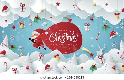 Winter christmas composition in paper cut style.Merry Christmas text Calligraphic Lettering Vector illustration. 