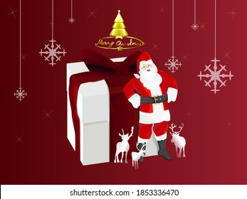 Winter Christmas composition in red background, gift box ,Christmas tree and gold merry Christmas text with snowflake and smile of Santa Claus and reindeer,Vector illustration design.