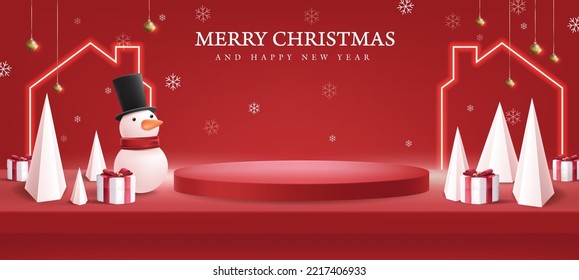 Winter christmas composition in red shelf on the wall for display with snowman cylindrical shape and gift box and house shape neon