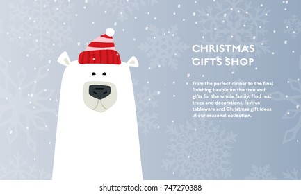 Winter Christmas concept vector flat poster design. Illustration for gift shop with polar bear in hat and place for text