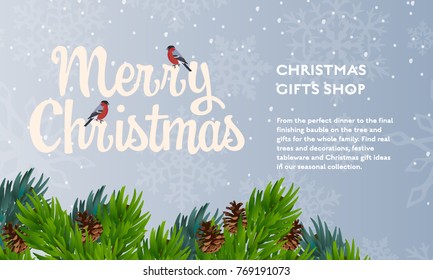 Winter Christmas concept vector flat poster design with bullfinch and pine cones. Illustration for gift shop with place for text