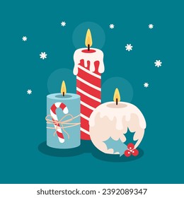 Winter Christmas cozy candles with candy cane, red berries. Illustration in flat style.