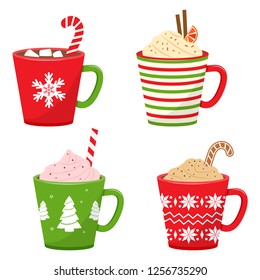 Winter Christmas cups with drinks. Holiday mugs with hot chocolate, cocoa or coffee, and cream. Vector illustration