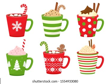 Winter Christmas cups with drinks. Holiday mugs with hot chocolate, cocoa or coffee, and cream. Gingerbread man cookie, candy cane, cinnamon sticks, marshmallows. Vector illustration