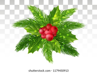 Winter Christmas decor. Branches of pine, leaves of padabe and red berries. A nice festive composition. Vector illustration. Eps 10.