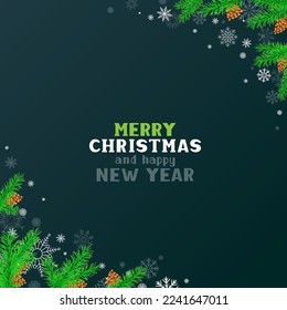 Winter Christmas decoration with text message on dark blue backdrop. New Year holiday greeting copy space background template