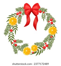 Winter christmas decoration wreath with red bow, orange, red berries and pine twigs. Design for Holidays invitation card, poster, banner, greeting card, postcard, packaging, print. Vector illustration