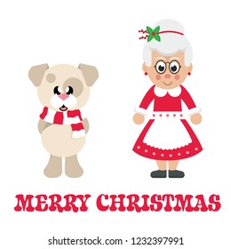 winter christmas dog with scarf and cartoon mrs santa and christmas text