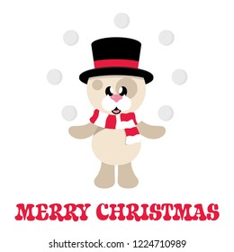 winter christmas dog with scarf in hat and snowball and christmas text