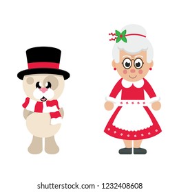 winter christmas dog with scarf in hat and cartoon mrs santa