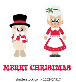 winter christmas dog with scarf in hat and cartoon mrs santa and christmas text