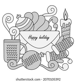 Winter Christmas Doodle composition . Hand-drawn sketch with Christmas balloons, greeting letter, candles, mittens and a Cup of hot drink.