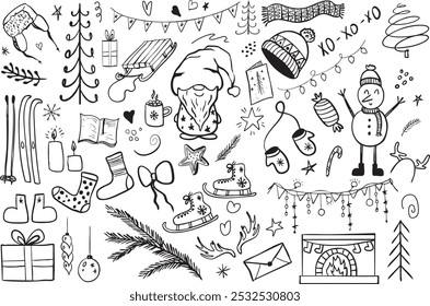 Conjunto de ilustrações de doodle de Natal de inverno, Elementos de feriado festivo, vetor