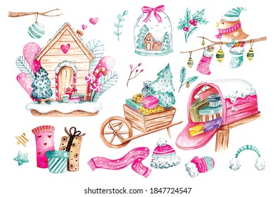 Winter And Christmas Doodle In Watercolor Style Vector Illustration