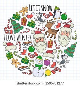 Winter christmas doodles collection. Vector.