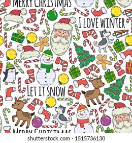 Winter christmas doodles collection. Vector. seamless