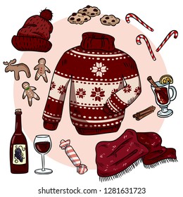 Winter Christmas doodles set. Cute hygge stickers. Collection of cozy winter items. Sweater, scarf, hat, mulled wine, ginger cookies