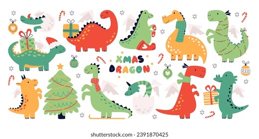 Winter Christmas dragons cute doodle characters celebrating holiday, exchanging gifts, decorating xmas fir tree, putting on warm seasonal clothing vector illustration set isolated on white background