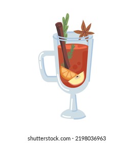 Winter Christmas drink, isolated mulled wine with cinnamon stick, slices of apple and orange. Glass with anise and greenery for decor. Vector in flat style