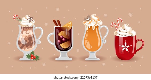 Bebidas navideñas de invierno. Café de chocolate, cacao y crema batida. Cider de manzana arañada caliente con Brandy y Caramel. Vino asado. Caña de caramelo. Ilustración vectorial para menú, café, postal, pegatina.