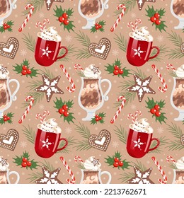 Winter Christmas drinks, seamless pattern. Hot chocolate and whipped cream. candy cane. Gingerbread. Spruce and holly. In warm beige colors. For food for cafe, wallpaper, fabric.