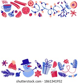 Winter Christmas elements frame. Hand drawn colorful holiday New Year decoration. Modern flat style vector illustration for cards, leaflets or banners.