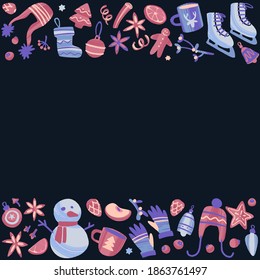 Winter Christmas elements frame. Hand drawn colorful holiday New Year decoration. Modern flat style vector illustration for cards, leaflets or banners.