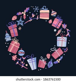Winter Christmas elements frame. Hand drawn colorful holiday New Year decoration. Modern flat style vector illustration for cards, leaflets or banners.