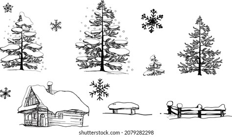 
Winter, Christmas elements. Hand drawn drawing, scribble, sketch. Showing winter trees, pines, snow. Vector graphics.